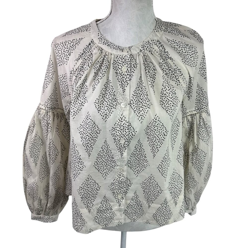 Madewell Women's S Boxy Shirred Balloon Sleeve Blouse Ivory Print‎ NWT